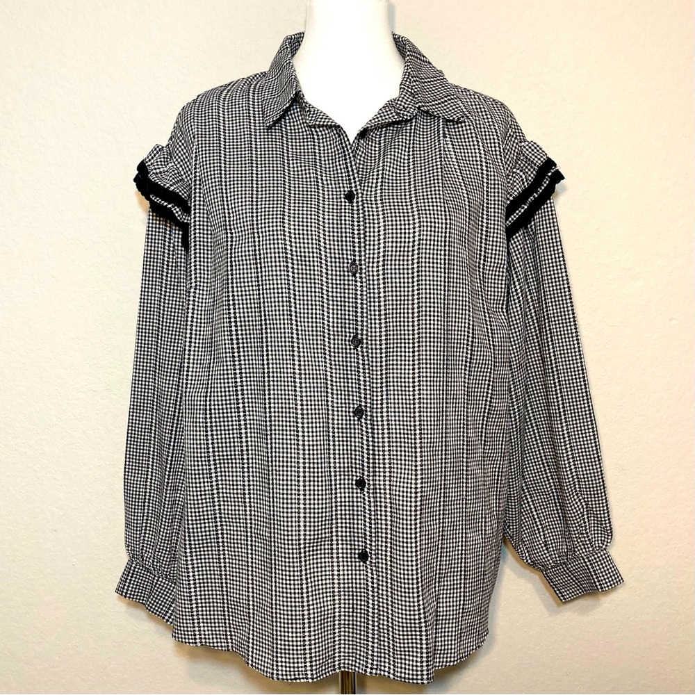 NWT LOST INK Nordstrom Black White Gingham Plus Size 2X Ruffled Sleeve B…
